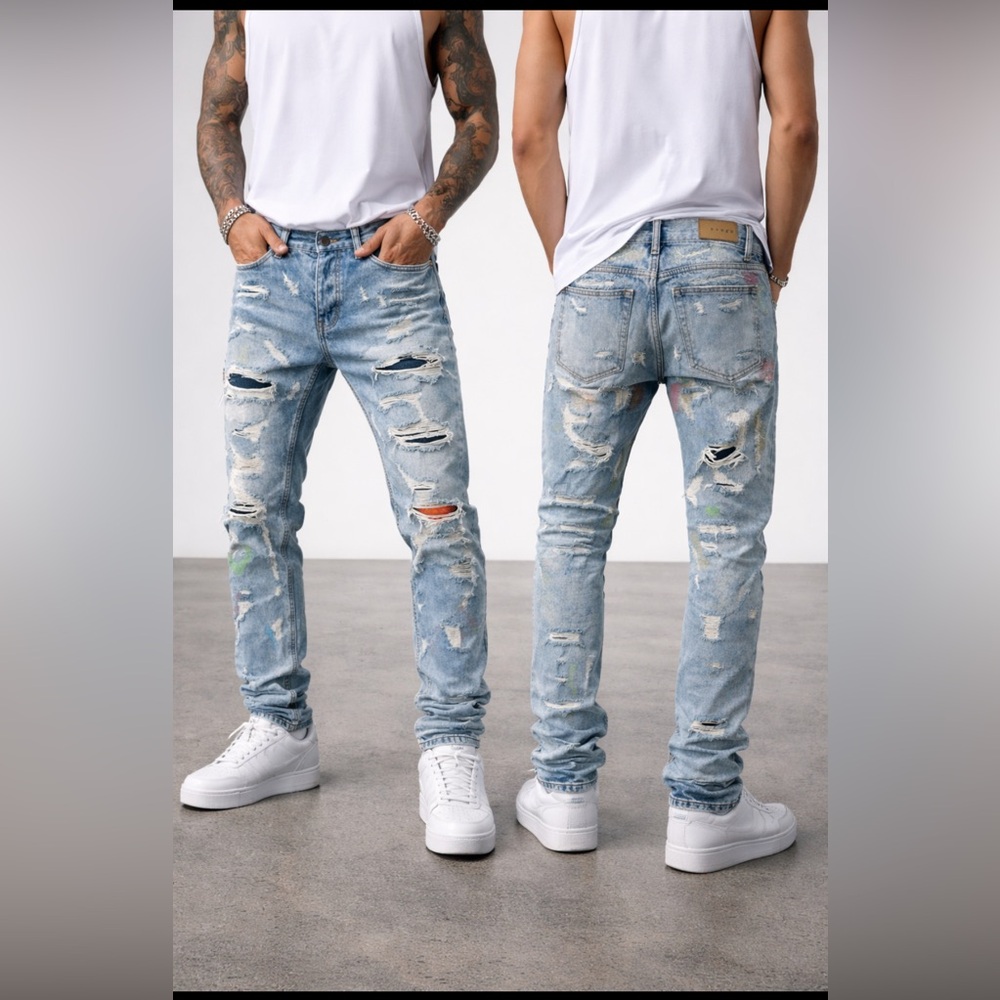 MNML Distressed Embroidered Jeans Size 29 Acid Wash Straight